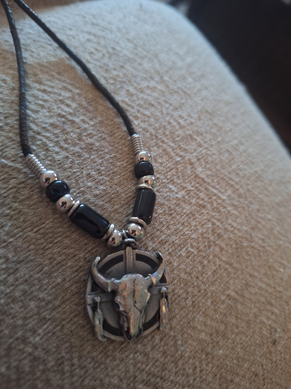 Cow Skull Pendant Necklace in Black and Silver-- Sisk 1987